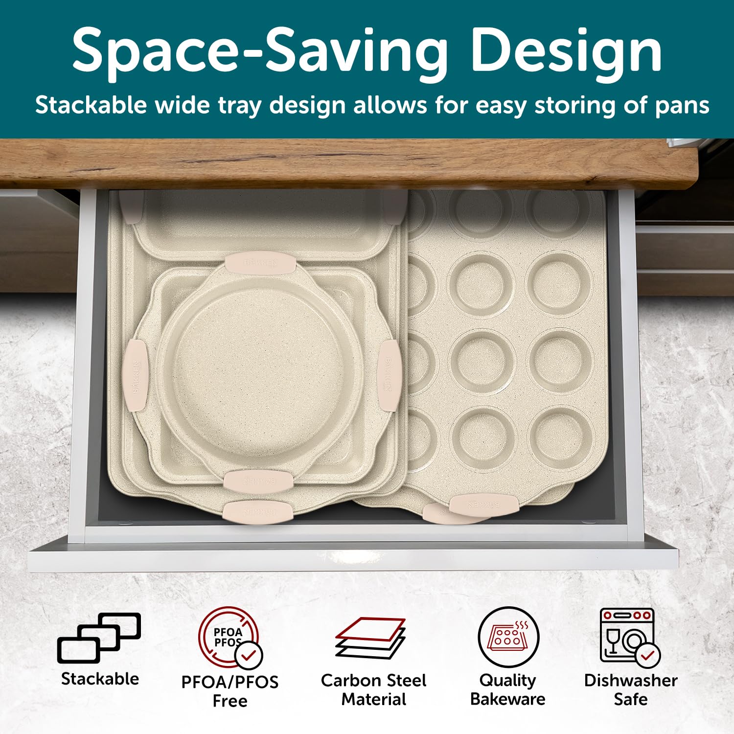 BAKKENMASTER 6-Piece Deluxe Nonstick Baking Pan Set - Professional Grade Carbon Steel Bakeware with White Marble Coating & Silicone Handles