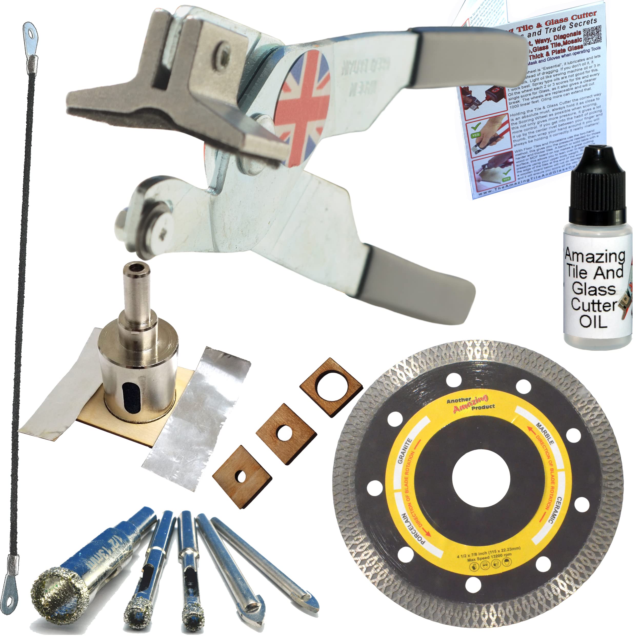 Ceramic Tile Cutter Tool Kit 3 Grinder Blade for Corners and Cutting Electrical Sockets in Porcelain Hacksaw Blade for Notches in Tile Drill Bits for Towel Rails Grab Bars Hole Saw for Pipes and Taps