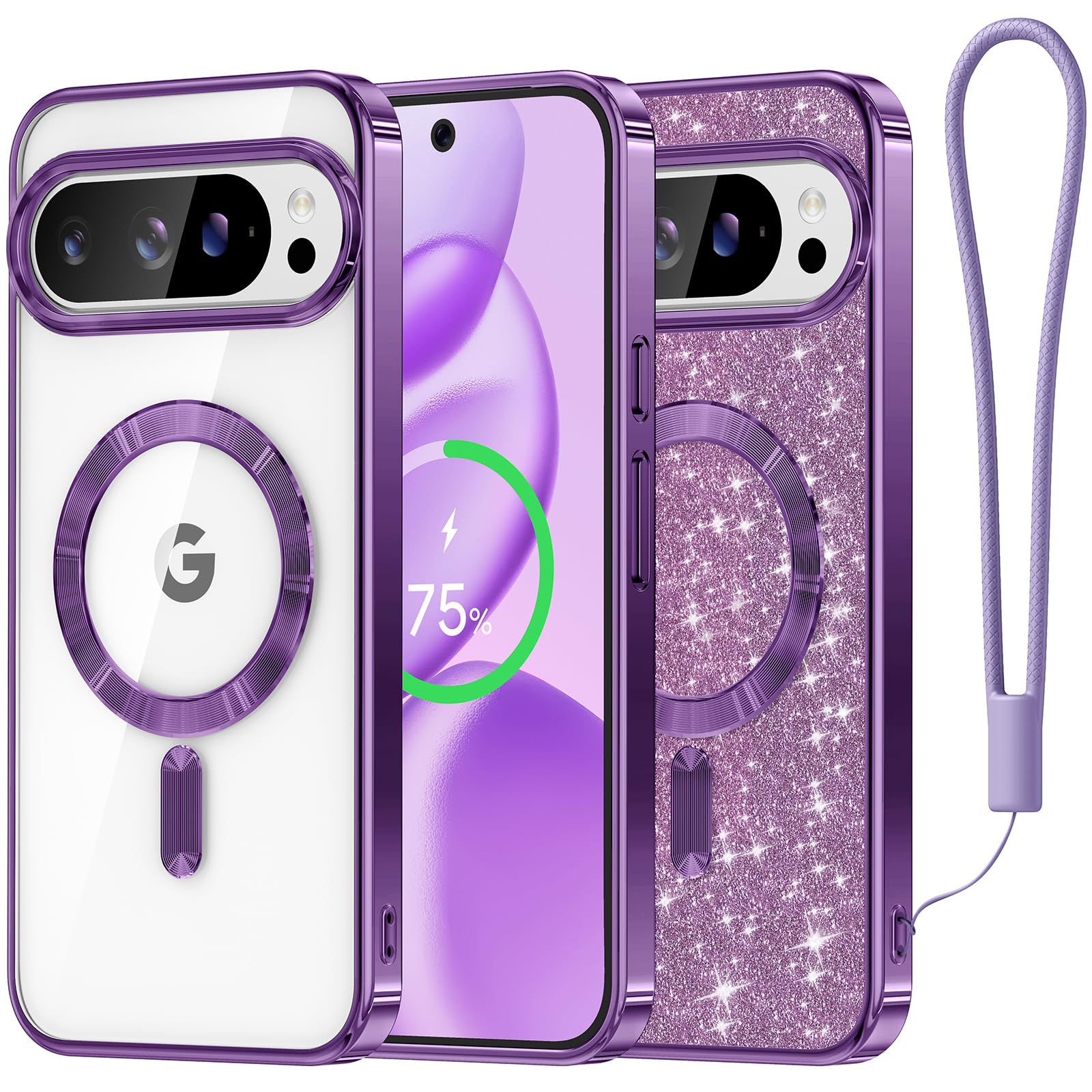 Photo 1 of Meifigno Candy Series Case Designed for Google Pixel 10 Pro XL 6.8", [Glitter Card & Wrist Strap] [Compatible with MagSafe] Transparent Back and Electroplated Edges for Pixel 10 Pro XL Case, Purple