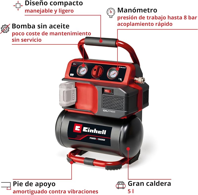 Compressor sem fio TE-AC 18/75 Li OF-Solo Power X-Change (18 V, máx. 8 bar, tanque de 5 l, potência de sucção de 75 l/min, 2 manômetros, isento de óleo, sem bateria)