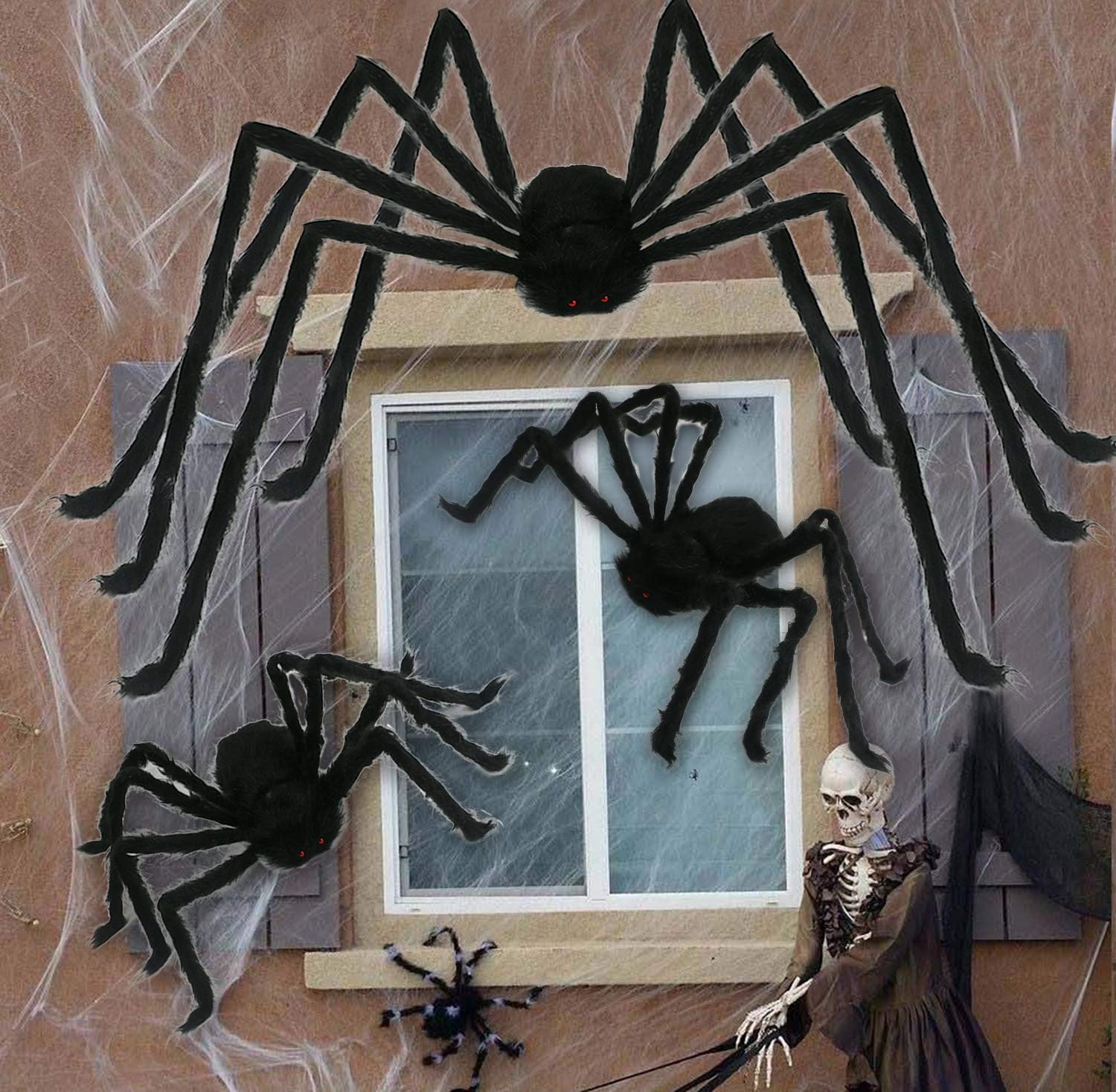 3 Pack Halloween Realistic Spider Decoration Set, Scary Hairy Giant Spiders with Red Eyes and Bendable Legs for Patio, Yard, House, Wall Outdoor Decoration 5 FT and 3 FT (1 pc 59’’ and 2 pcs 35.4’’): Home & Kitchen