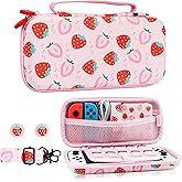 HYPERCASE Pink Strawberry Carrying Case Compatible with Nintendo Switch/OLED, Portable Travel Accessories Bundle for Switch Console with 10 Game Card Slots, Shoulder Strap and 2 Cute Thumb Caps