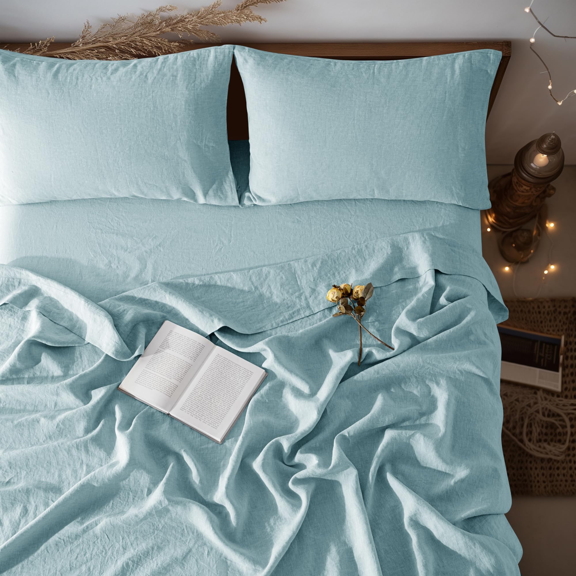 Photo 1 of LBRO2M 100% Linen Sheet Set 16" Deep Pocket King Size,Bed Sheets 4 Piece Sets,Solid Color Natural Flax Bed Sheets Soft Breathable Bedding, All Season (King, Ocean Blue)