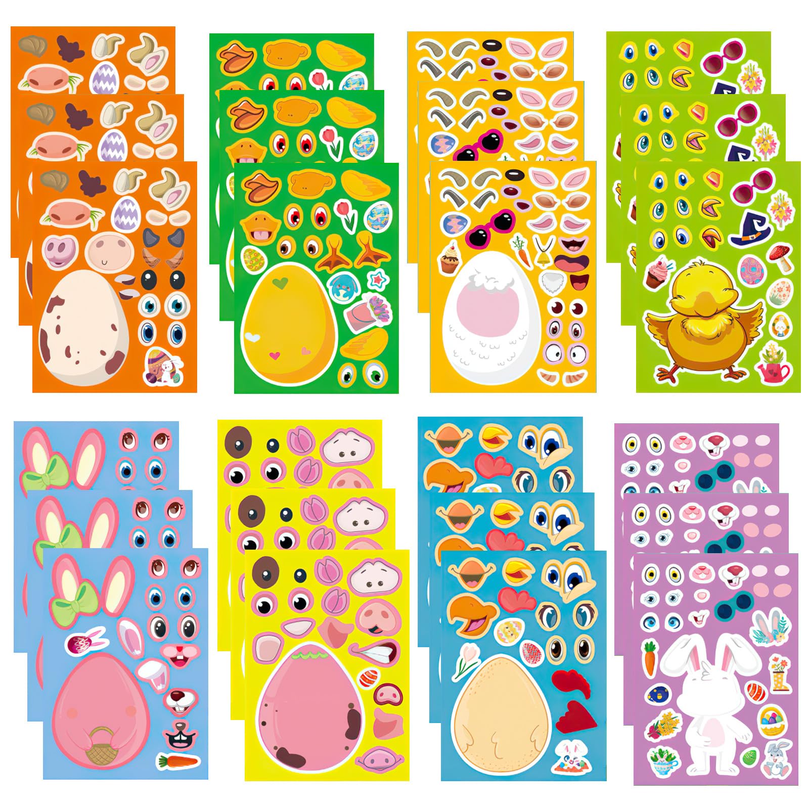 24Pcs Easter Stickers Craft Sticker, Easter Stickers, Bunny Egg Themed Make a Face with Bunny Egg Chick Sheep Party Games Decoration Supplies for Activities Supplies (6 Styles)