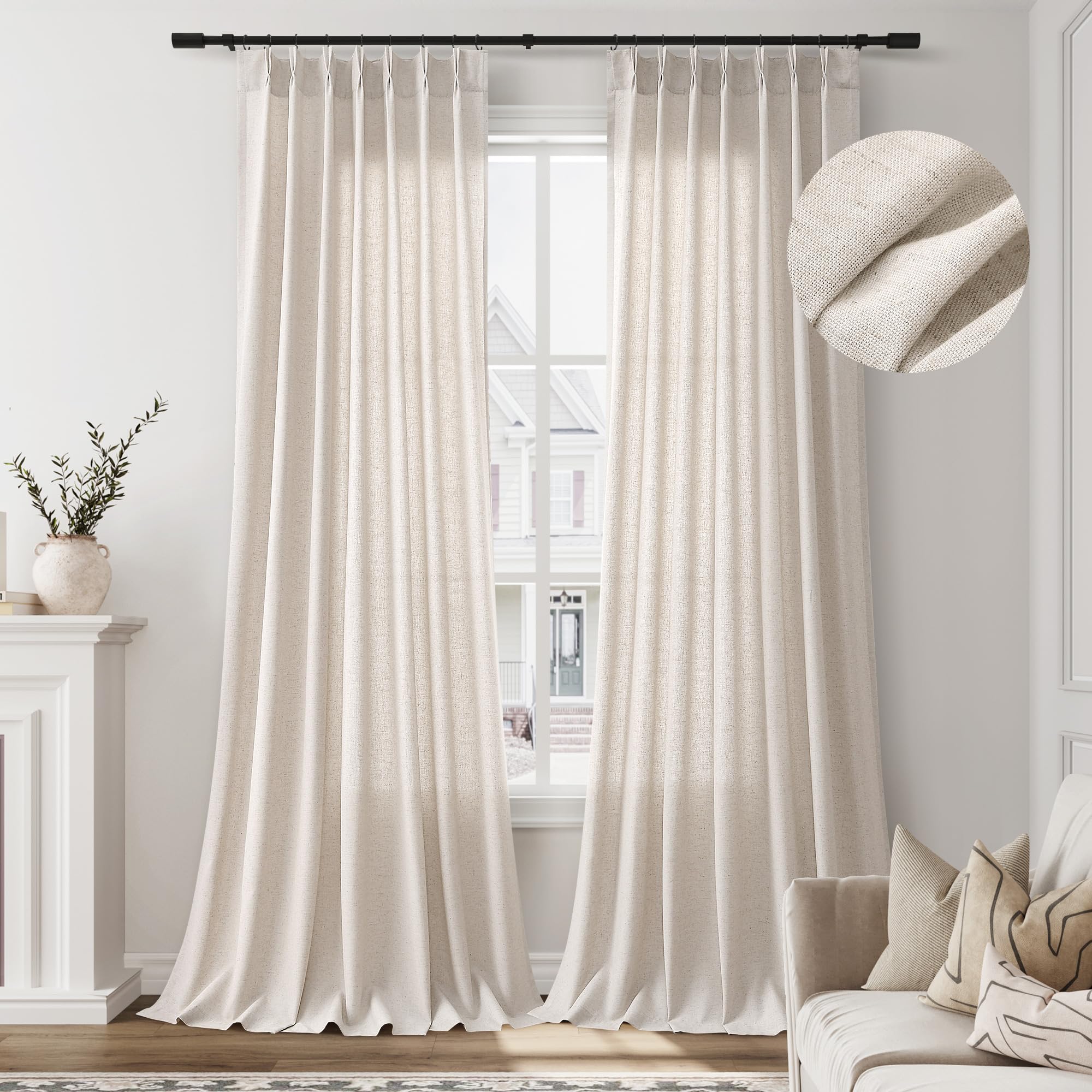 Photo 1 of (only one panel) Linen Blend Pinch Pleat Curtains Tan Beige Semi Sheer Light Filtering Privacy Large Window Curtains 108 Inches Long 