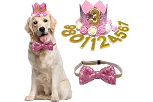 POSAPET Cat Dog Birthday Crown Hat and Bow Tie Collar Set Pet Girl Birthday Party Supplies (Pink)