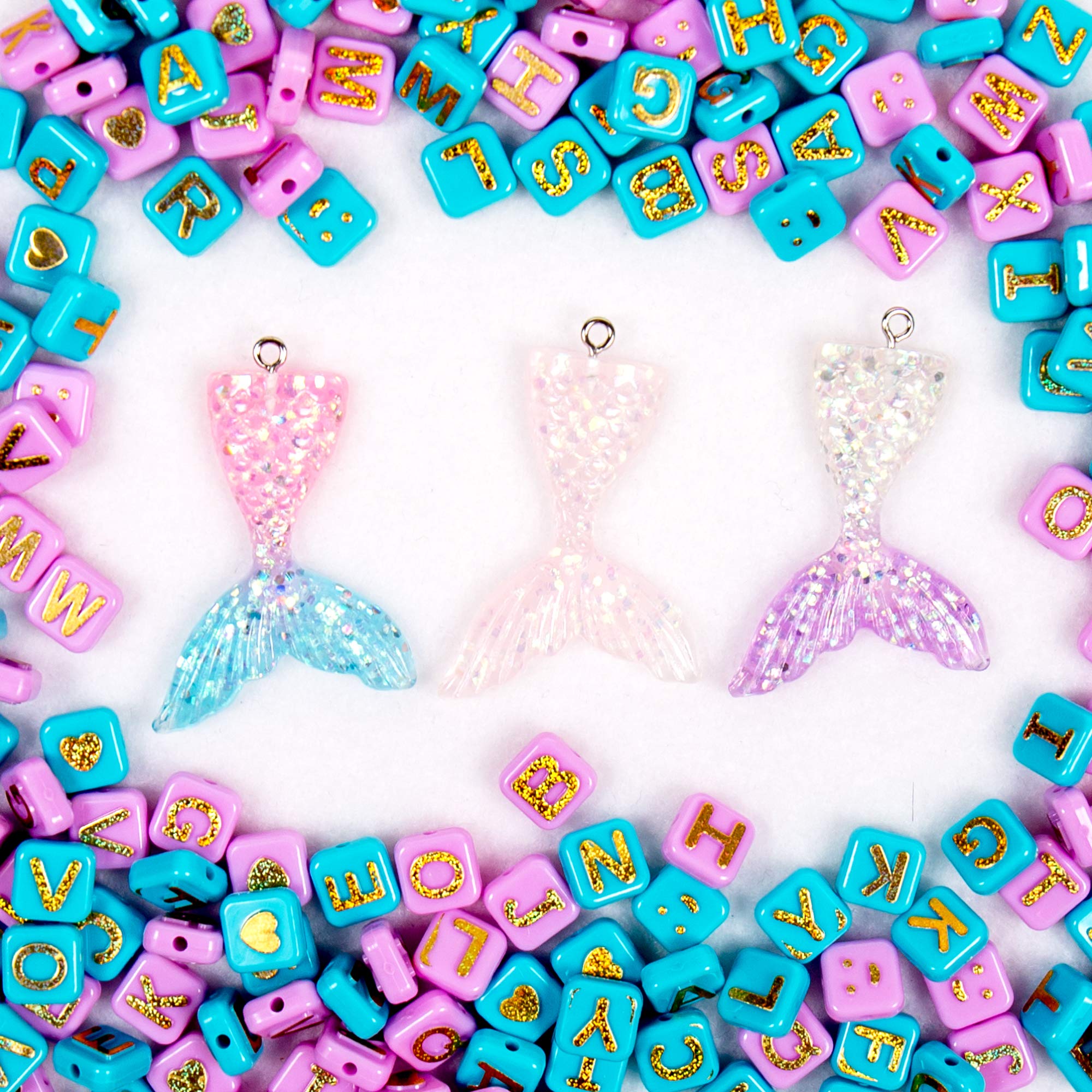 Just My Style Mermaid Bead Mix by Horizon Group USA, Mermaid Tail Charms & Pastel Alphabet Beads 6mm, Gold Alphabet Beads for Jewelry Making, Great for Keychains, Bracelets, Necklaces & DIY Crafts