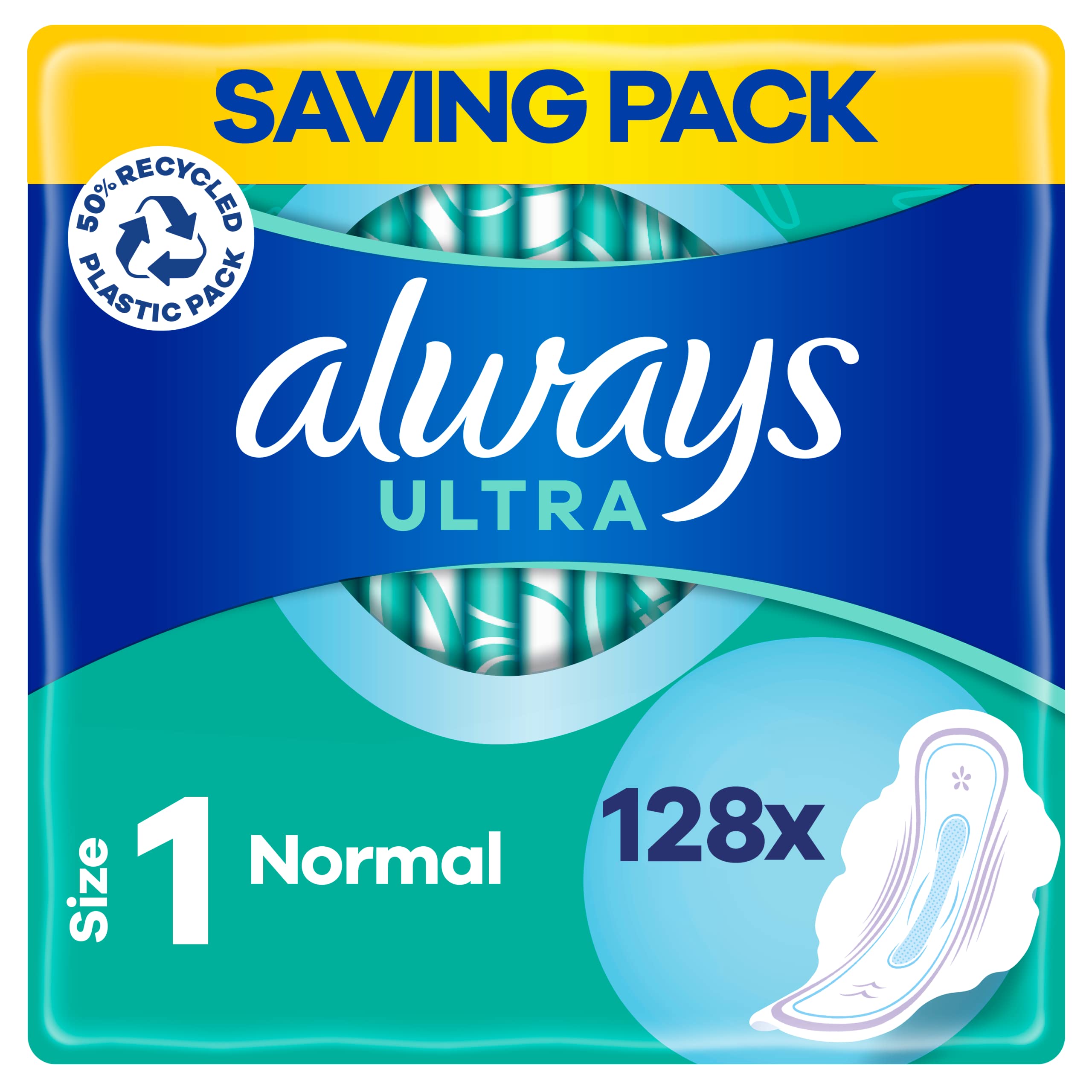 Always Ultra Sanitary Towels with Wings, Size 1, Normal, 128 Towels (32 x 4 Packs), Odour Neutraliser, Super Absorbent Core
