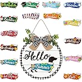 Glenmal 16 Pcs Interchangeable Seasonal Dachshund Welcome Sign Rustic Dog Front Door Wreaths Detachable Holiday Hanging Decor for Spring Easter St. Patrick's Day All Seasons (Plaid Style)