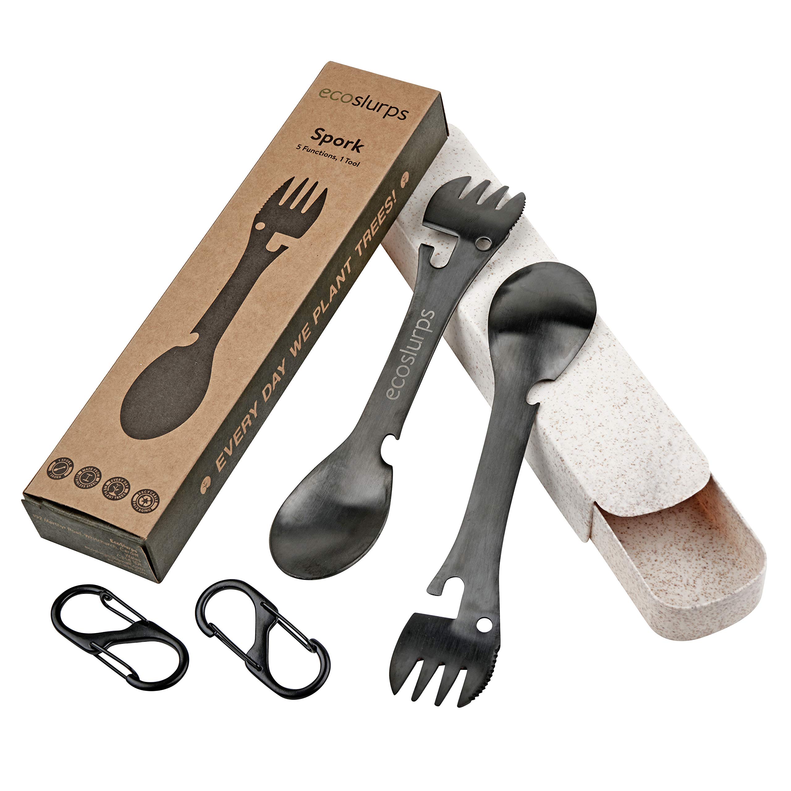 EcoSlurps 2 Spork Travel Cutlery Set - Stainless Steel Sporks with Eco-Friendly Travel Case and Carry Clip - British Brand - Black Titanium Metal Coating - Camping, Eating Lunch on go (2 Sporks)
