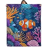 GBXGBX Clownfish Coral Reef Throw Blanket – Ocean Underwater Design, Cozy Warm Flannel Blankets, All Season Use, Kids Boys Girls Gifts, 50x60in, Sofa Office Dorm Travel RV Farmhouse Decoration