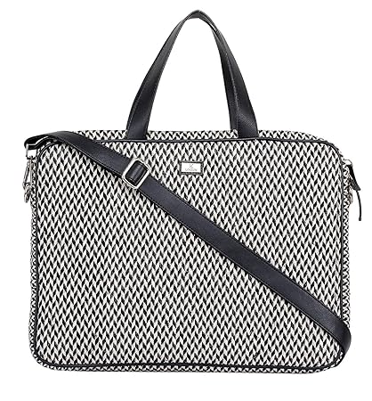 K London Eco-Friendly Black & Cream Jacquard Fabric & Vegan Leather Handmade Laptop Bag Cross Over Shoulder Messenger Bag Office Bag (2101_blk_Whit_v)