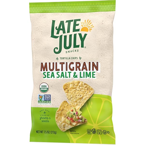 LATE JULY SNACKS, ORGANIC MULTIGRAIN TORTILLA CHIPS, SEA SALT AND LIME, 7.5-OZ. BAG