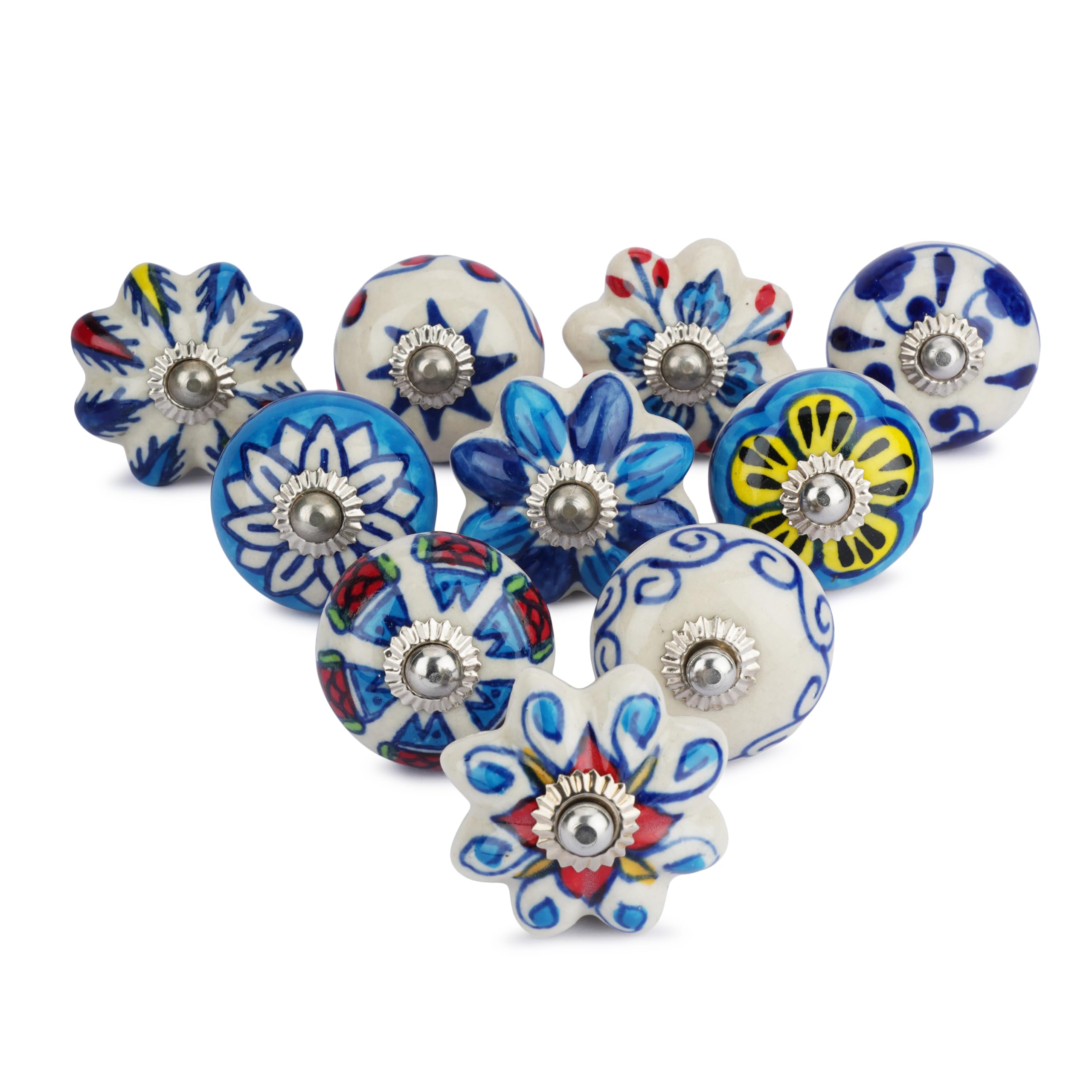 Ajuny Blue & White Ceramic Knobs Set of 10 – Hand-Painted Cupboard Door Knobs & Drawer Pulls for Kitchen Cabinets, Bathroom, Dresser & Wardrobe – Glossy Pottery Handles, Fixings Included
