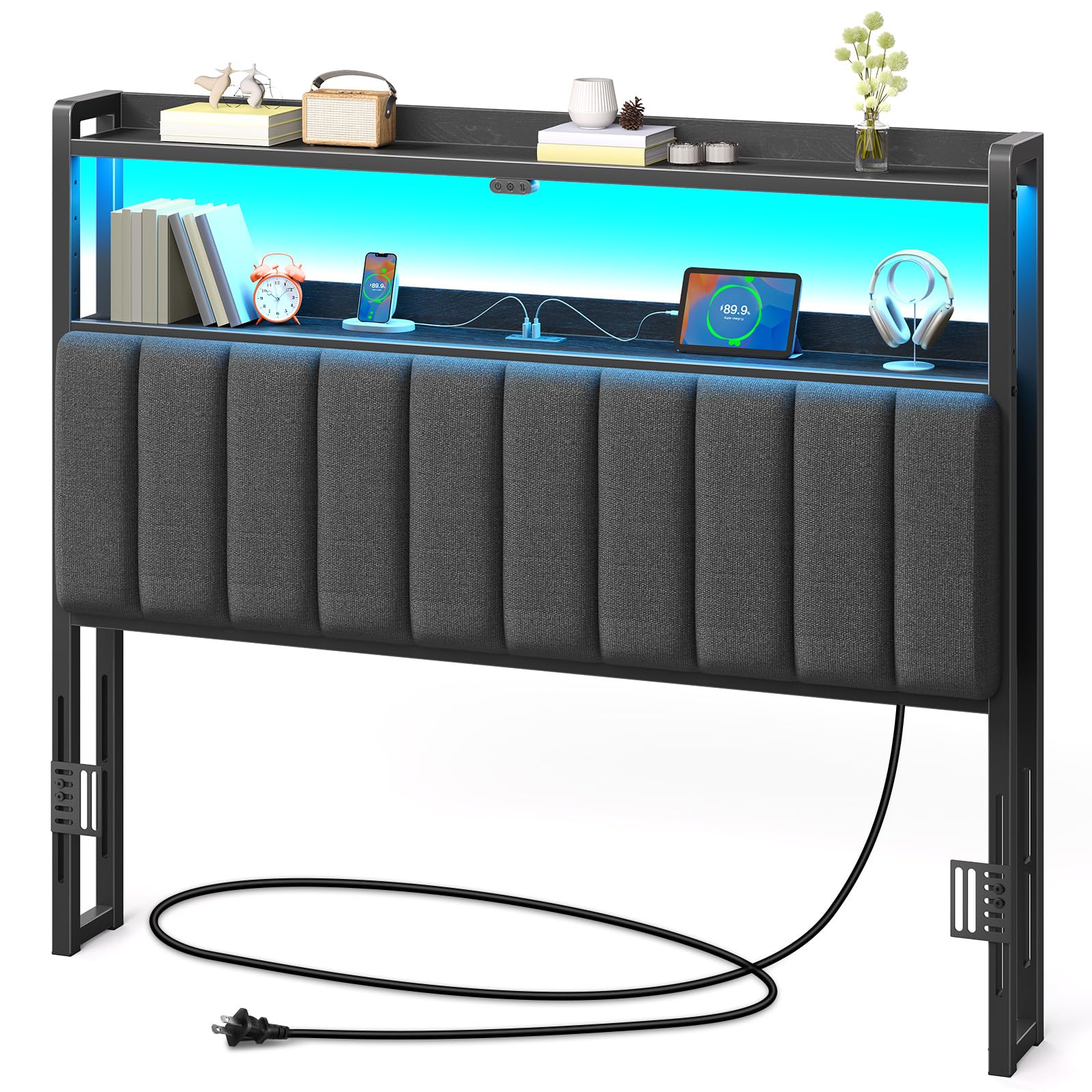 Rolanstar Headboard for Full Size Bed with Storage, 60,000 DIY Color of LED Light, Head Board with USB & Type C Port, Height Adjustable, Black Upholstered Cabeceras de Cama Comfortable Modern, Stable