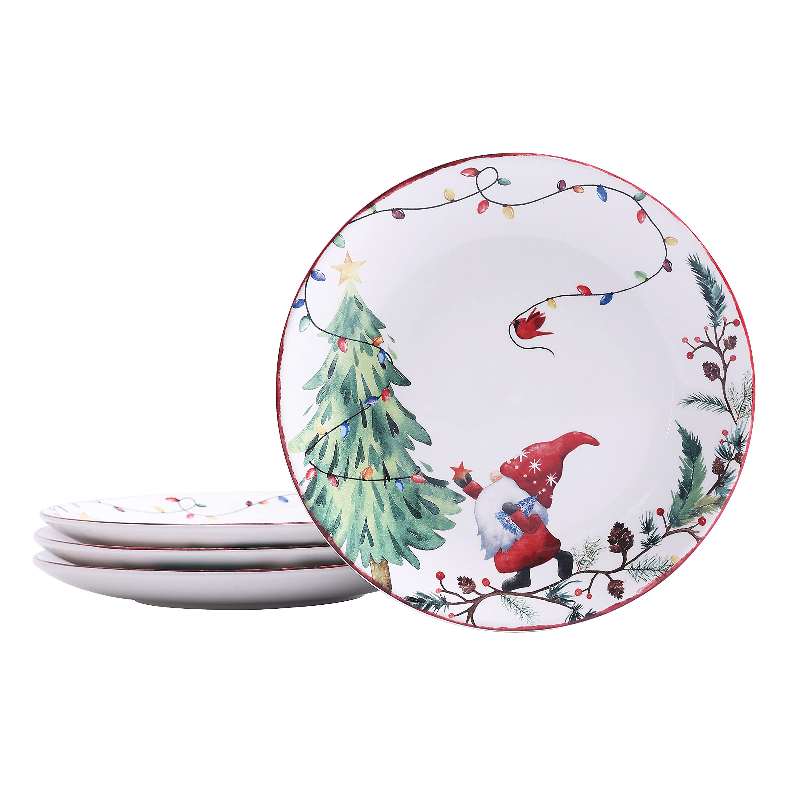 Bico Christmas Gnome Ceramic Salad Plates, 22 cm, Set of 4, for Salad, Appetizer, Microwave & Dishwasher Safe