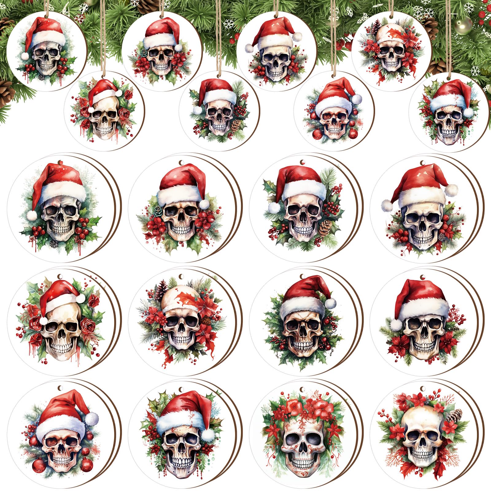 View 1 of 36 Pcs Christmas Skull Tree Ornaments Halloween Christmas Skeleton Tree Wooden Hanging Ornament Funny Gothic Skulls Head Small Skeleton Head Hanging Decoration for Holiday Spooky Party Decorations