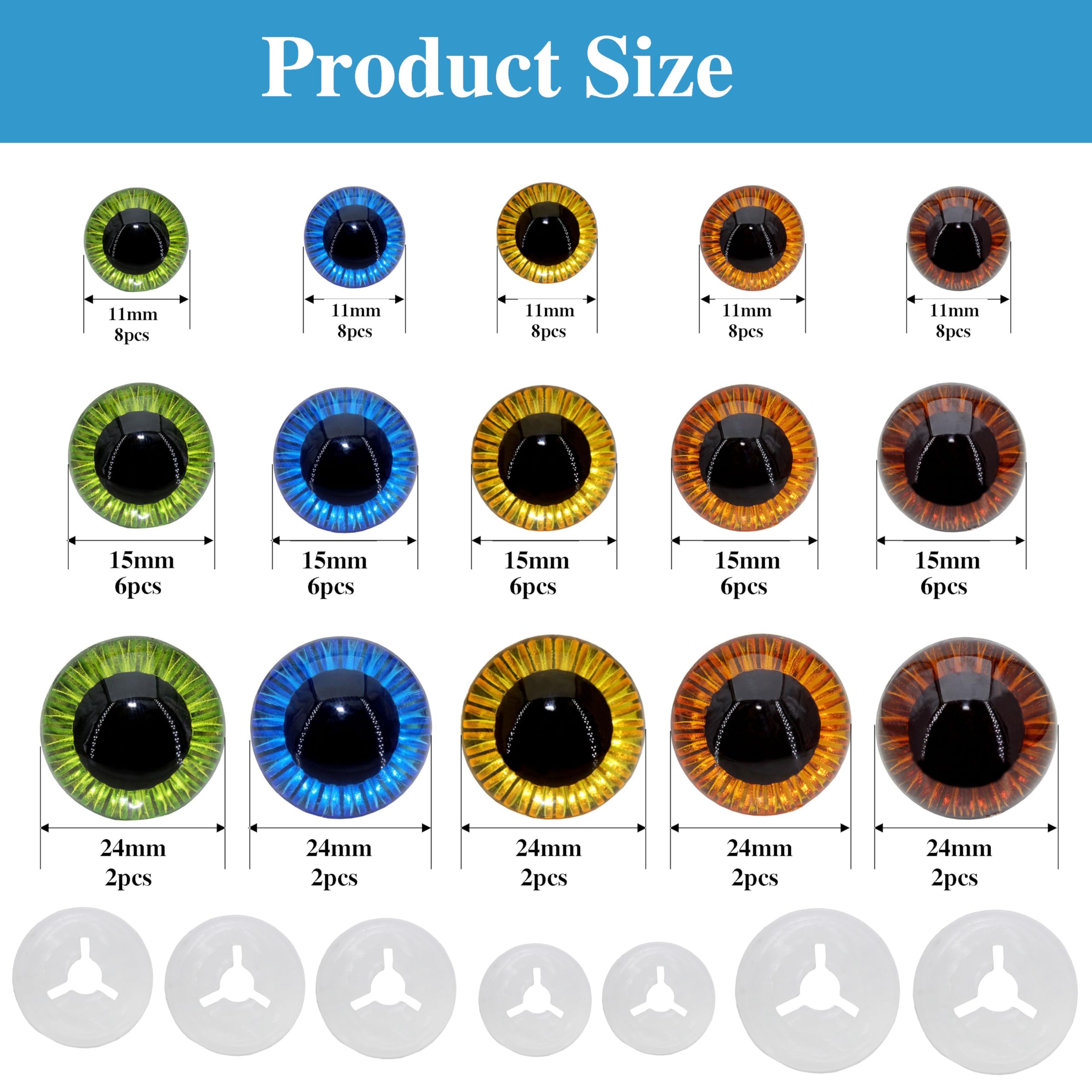 BESTCYC 1Box(160pcs) 3Size 5Colors Threaded Shank Design Plastic Safety Eyes Craft Eyes with Washers for Crafts DIY Amigurumi Stuffed Animal, Toy, Doll DIY Making Supplies (Blue.Green.Brown.Yellow.Orange)