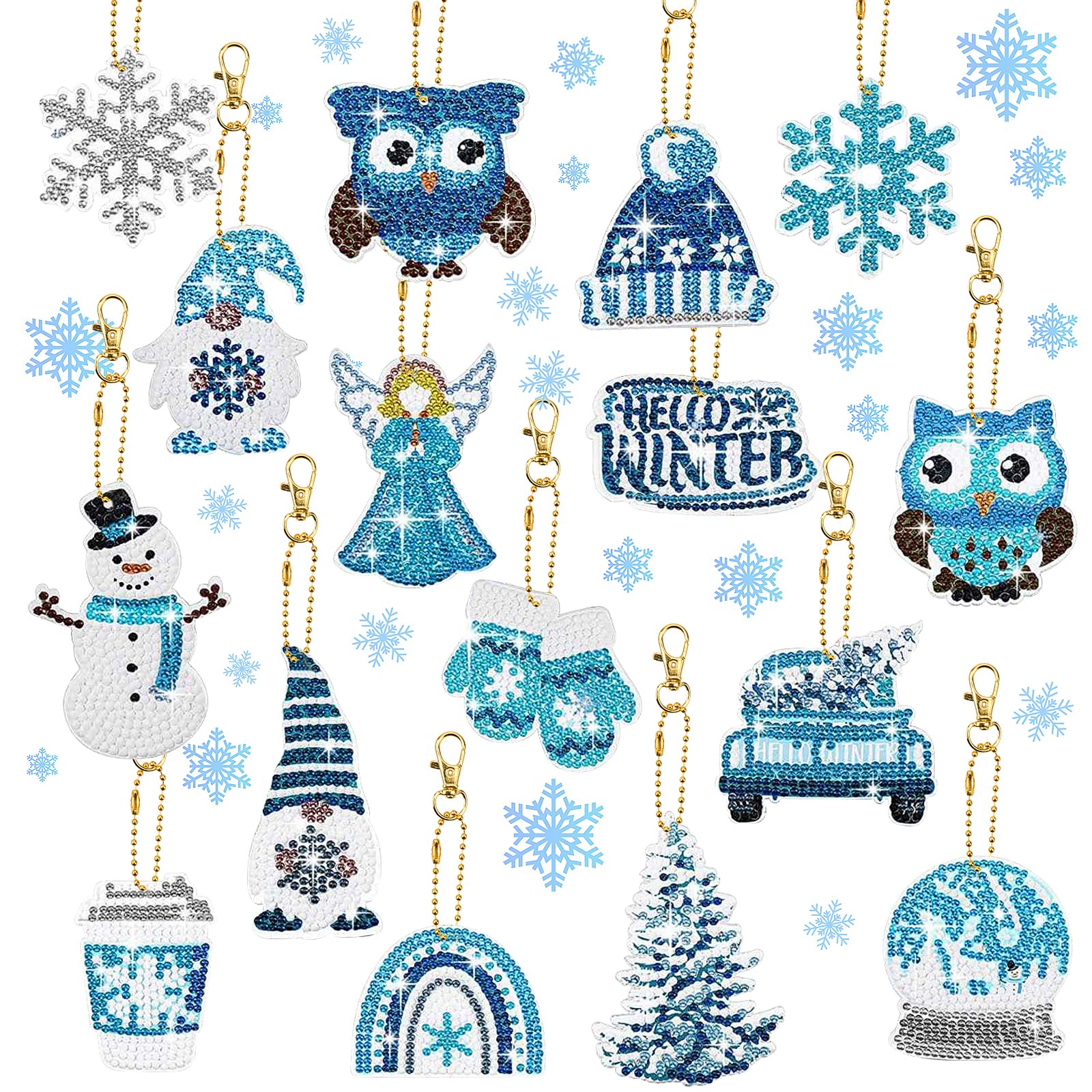 Homgaty 16Pcs Christmas Diamond Art Keychain Kit Blue, 5D Dia-mond Painting Girl Keychains - Snowflakes, Owls, Double-Sided DIY Diamond Art Kit for Christmas Decor and Gifts