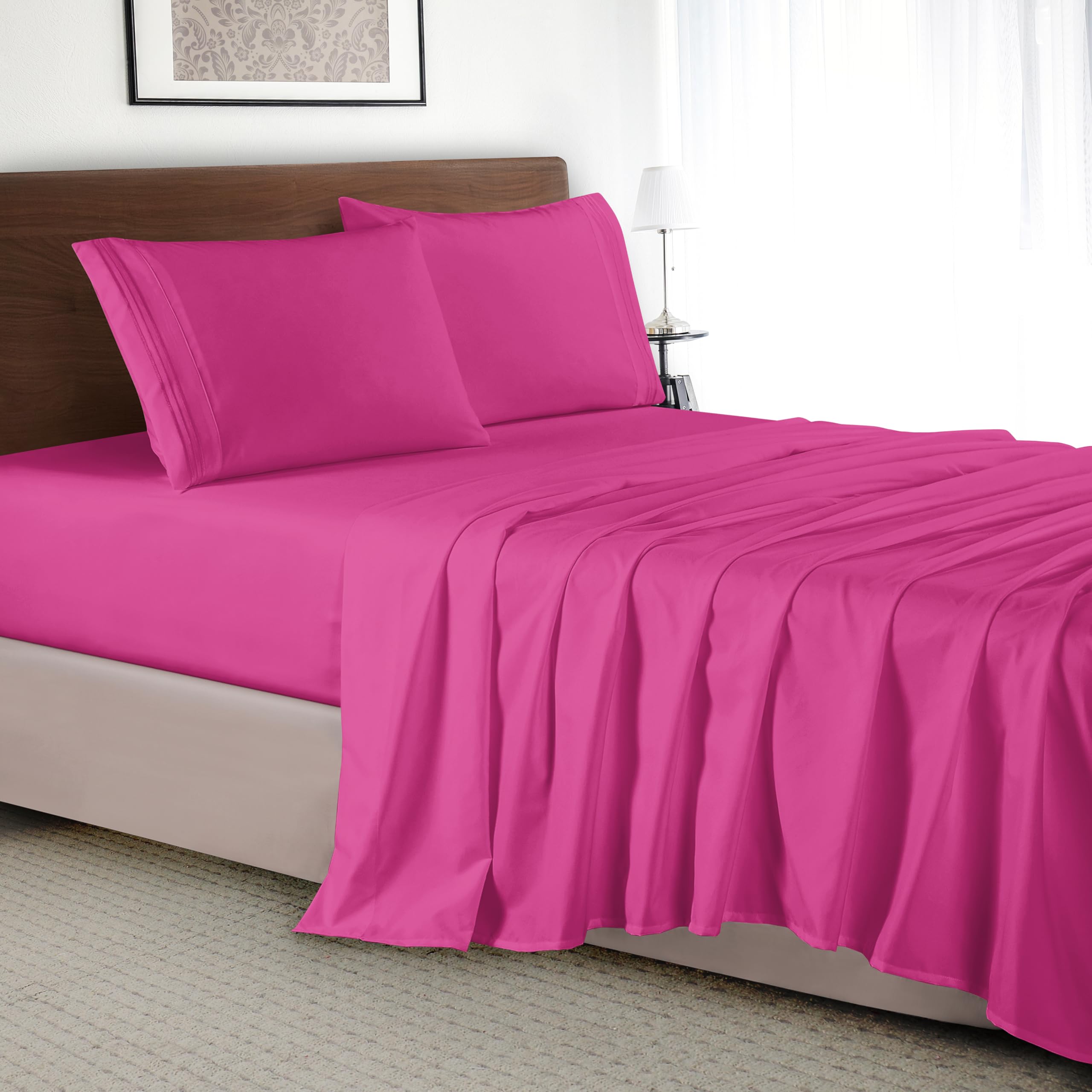 Elegant Comfort Luxury 4-Piece Bed Sheet Set - Luxury Bedding 1500 Premium Hotel Quality Microfiber, Wrinkle Resistant Cool & Breathable, Easy Elastic Fitted, Queen, Hot Pink