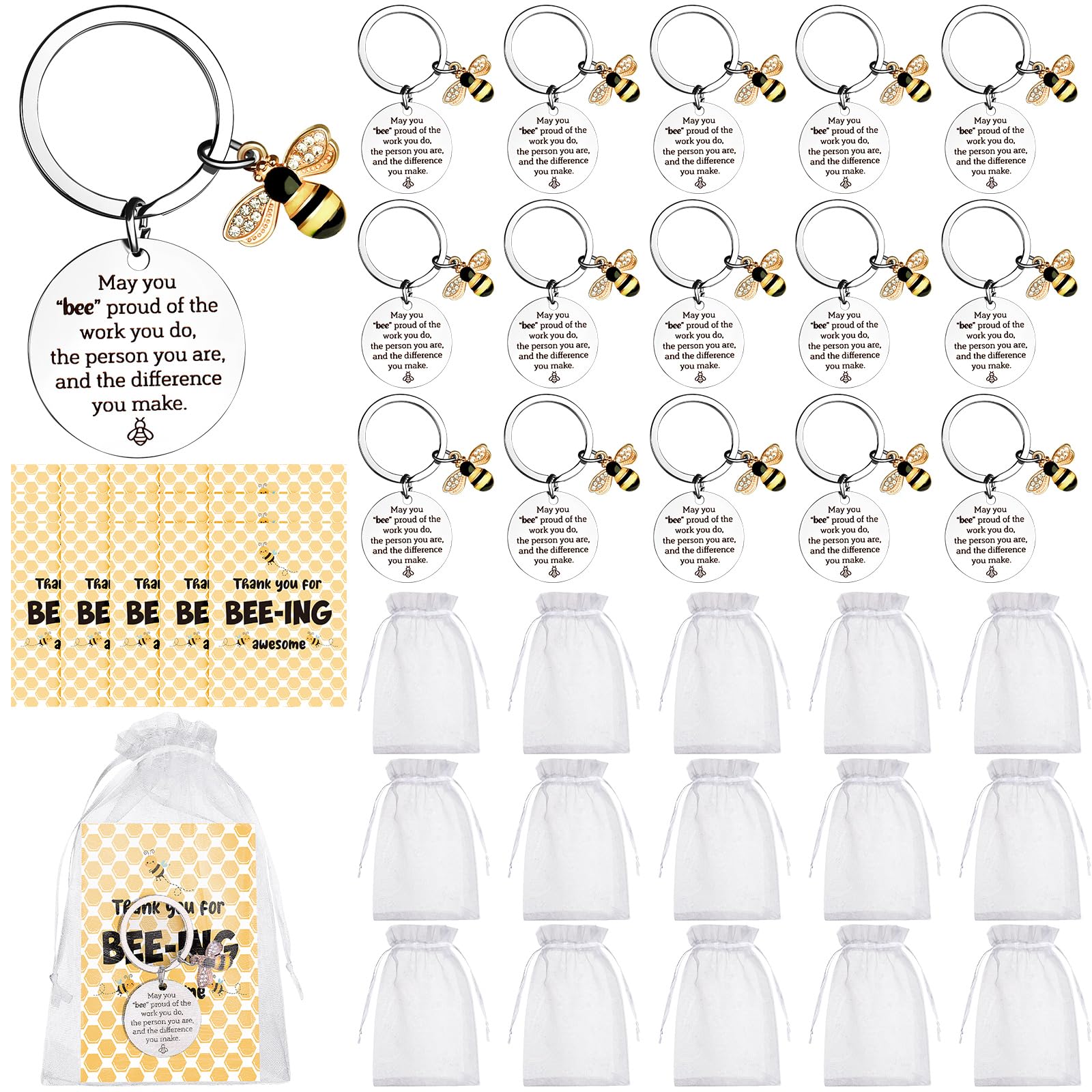 HAOWANWW 15 Set Thank You Keychain Gifts Keyring Employee Appreciation New Job Leaving Gifts Inspirational Keychain with Card Organza Bag for Women Men Nurse Teacher Staff