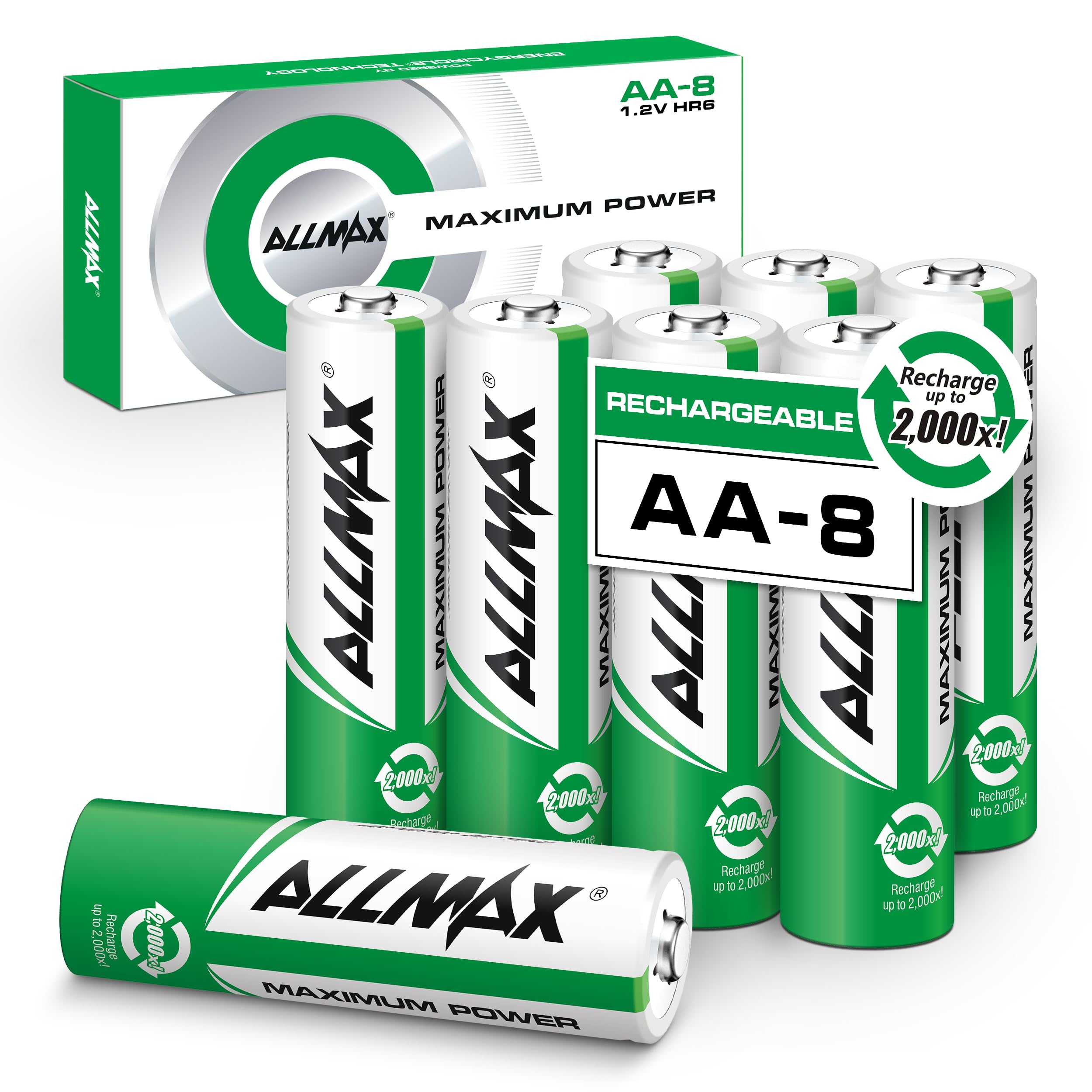 Allmax AA Maximum Power Precharged Rechargeable Double A Batteries (8 Count) – Ultra Long-Lasting, Recharge up to 2,000 Times – 1.2V