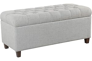 Homepop Home Decor Tufted Ainsley Button Storage Ottoman Bench with Hinged Lid Ottoman Bench with Storage for Living Room & Bedroom, Light Blue 18x40x18 Inches