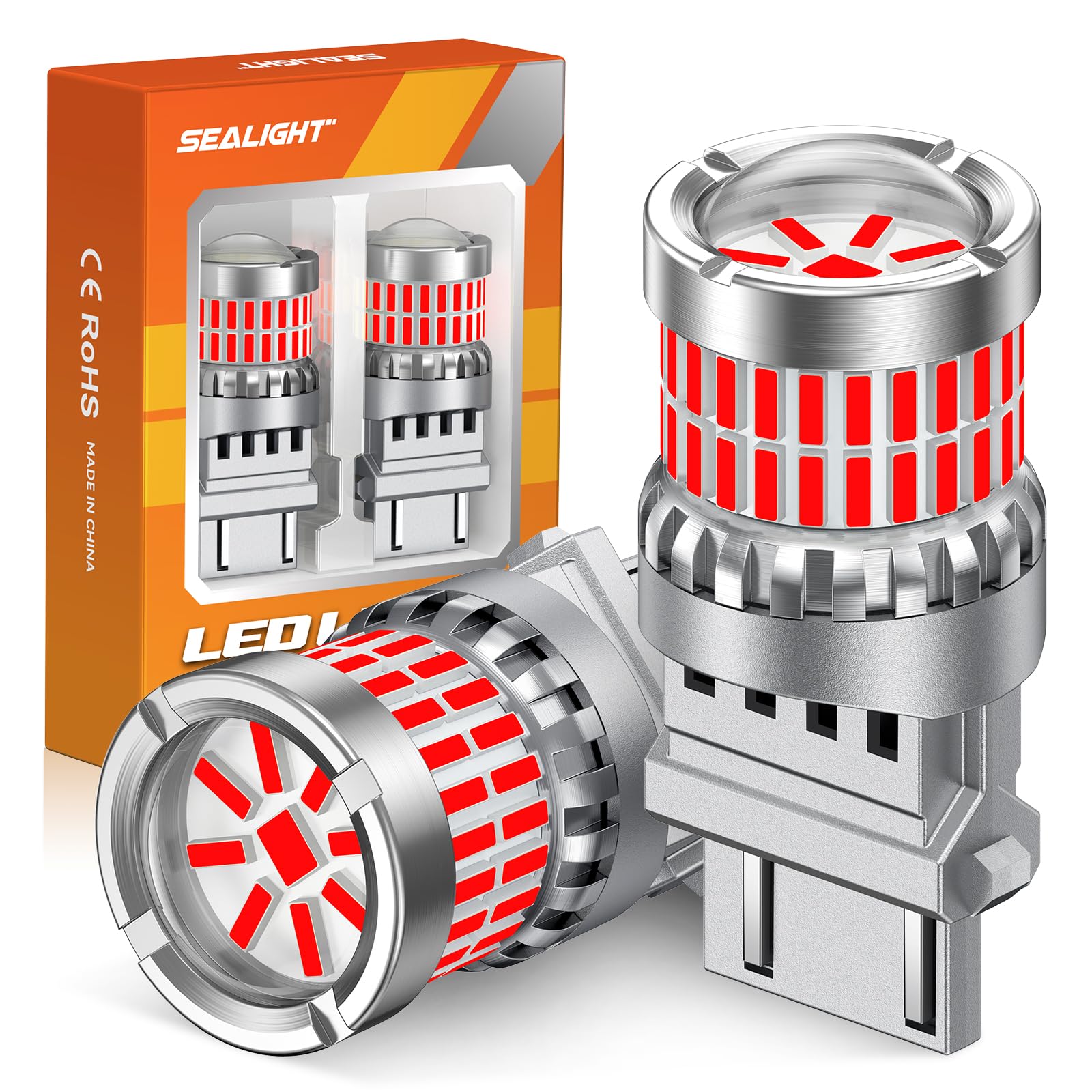 SEALIGHT Brake Light Bulbs 3157 LED Bulb Red, 700% Brighter 3156 3057 4157 4114 LED Bulb 57-SMD LED Chipset with Projector Len for Blinker Brake Light, Tail Light, Stop Parking Lights, Pack of 2 Image