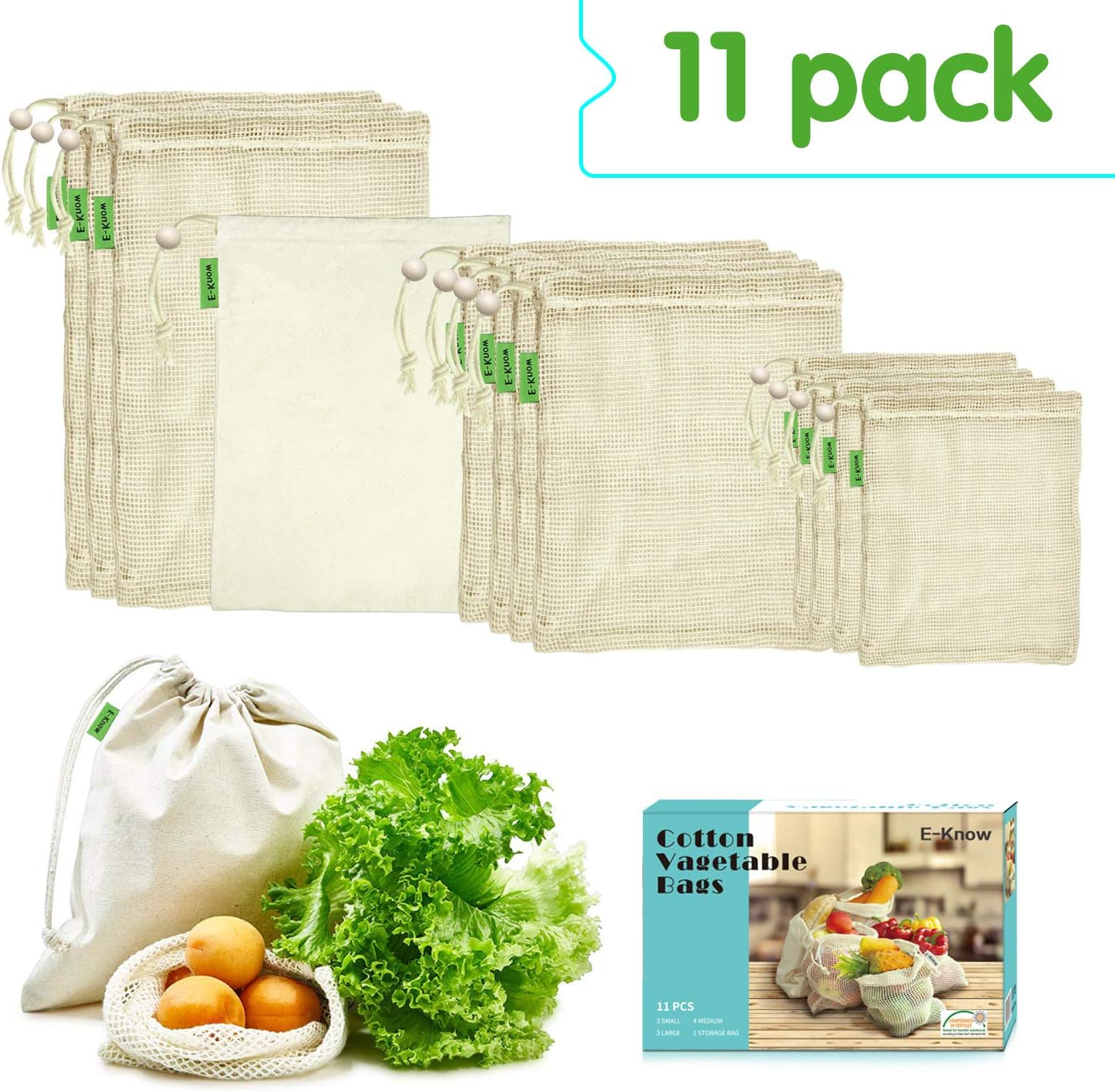 E-Know Reusable Mesh Cotton Produce Bags - 11 Pack (3 Small, 4 Medium, 3 Large, 1 Storage Bag), Plastic Free, Eco Friendly