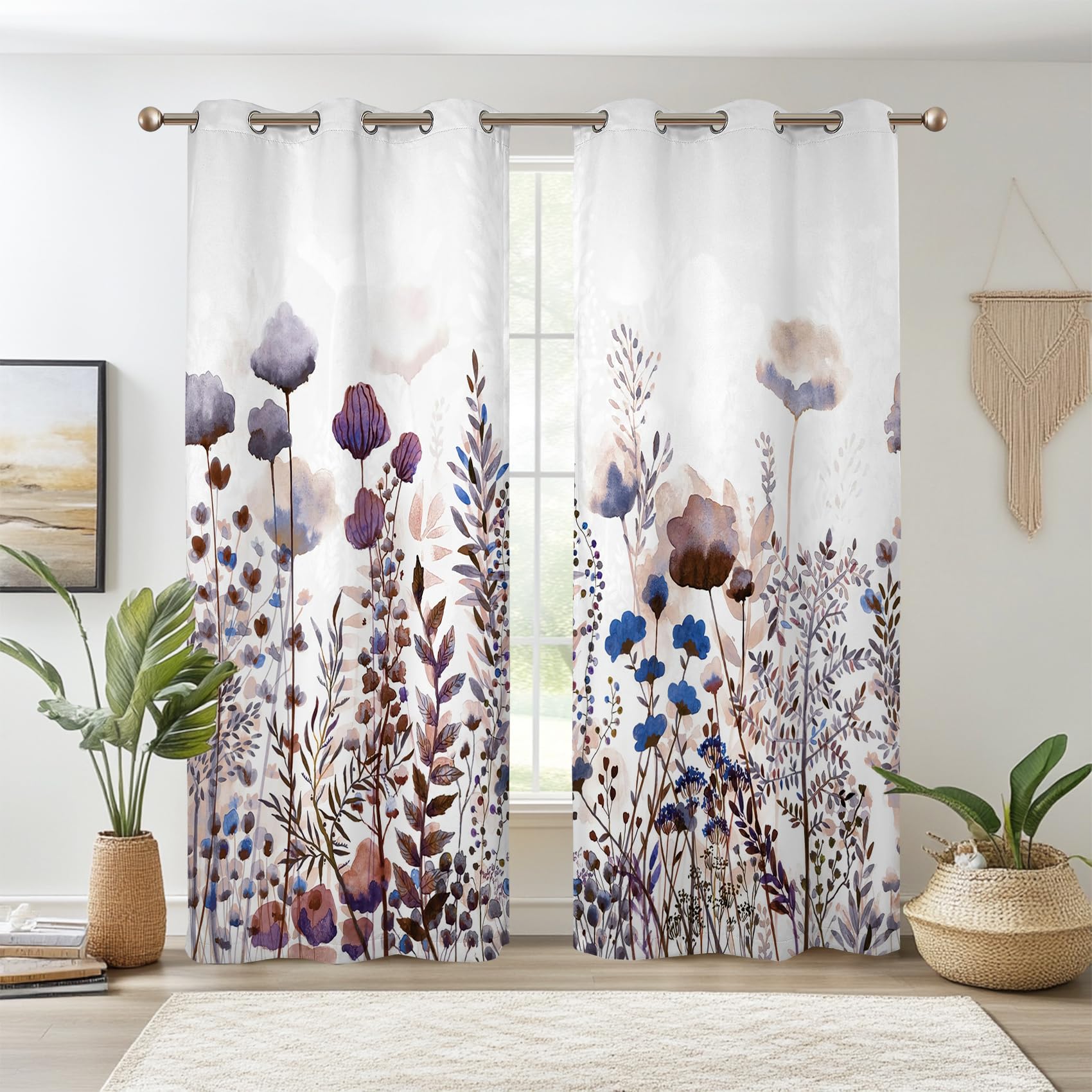Photo 1 of Renaiss Wild Flowers Blackout Curtains, Pastel Botanical Floral Print Thermal Insulated Bedroom Window Curtains, Nature Plants Window Drapes for Living Room, 63" L x 42" W 2 Panel Set