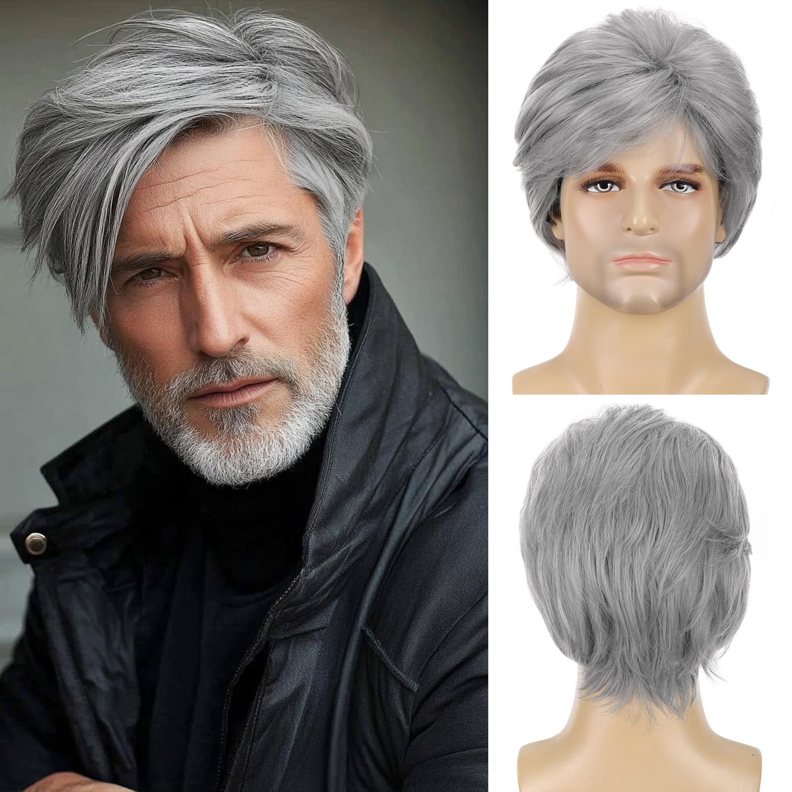 Photo 1 of YYHR Men's Wig Short Silver Grey Wig Natural Layered Synthetic Hair Heat Resistant Wigs for Cosplay Party Music Festival Wigs for Handsome Male Man