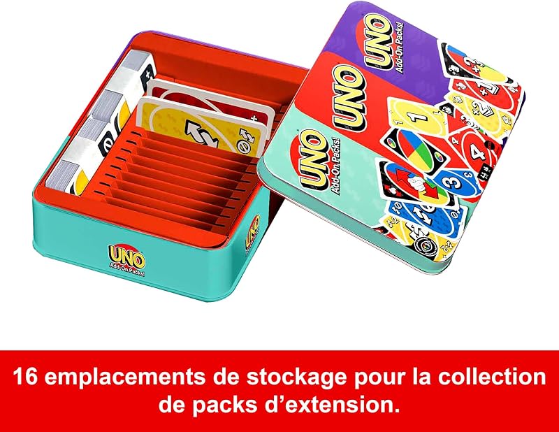 UNO Jeu de Cartes avec 2 Packs additionnels et boîte