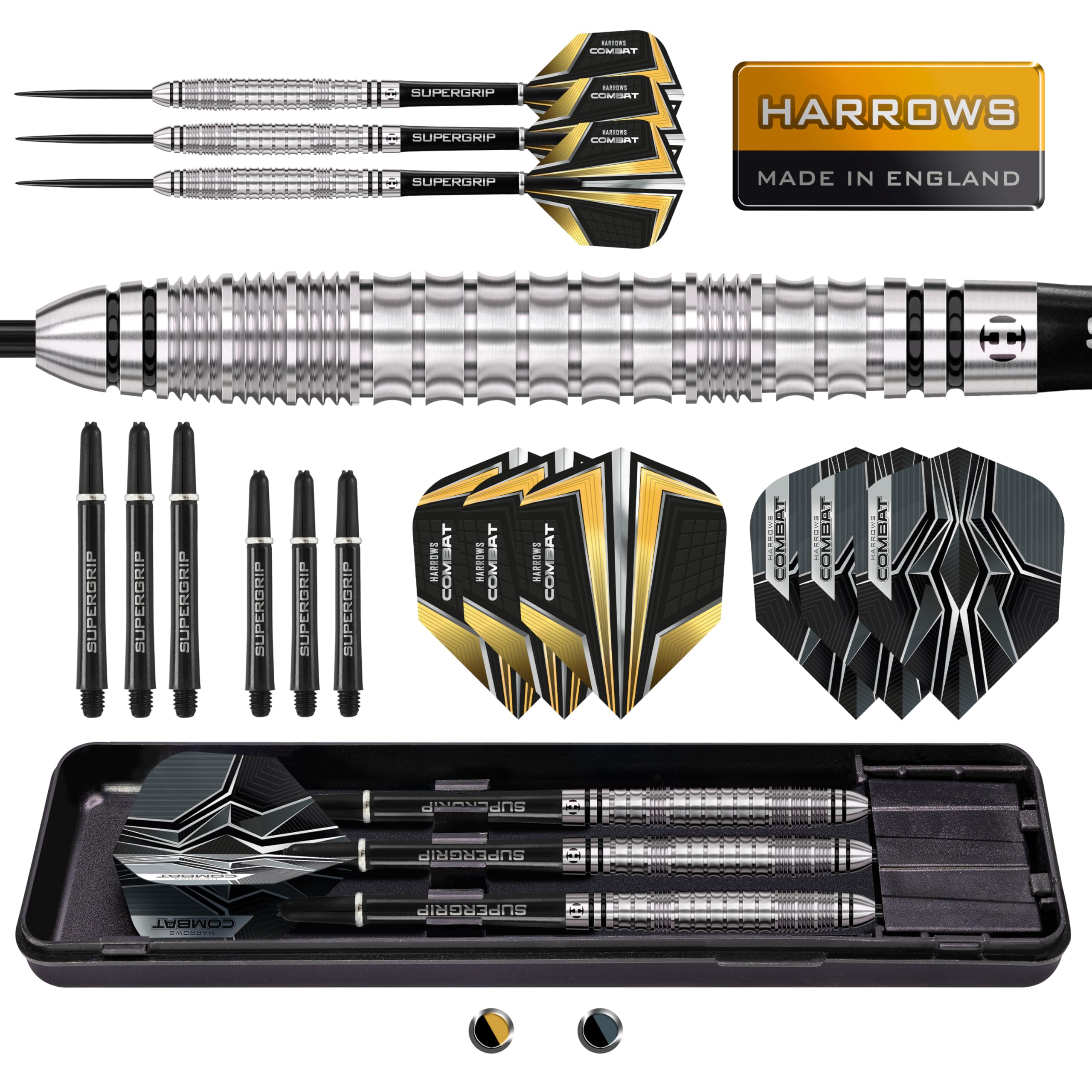 Harrows Combat 90% Tungsten Steel Tip Darts Set I 21g to 30g All Weights Available I Huge 17pcs Bundle with Spare Shafts, Prime Flights & Travel Case (21 grams) (30g)