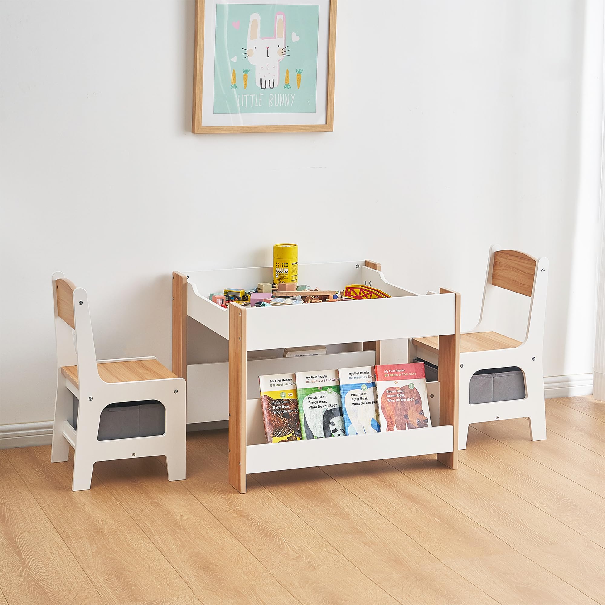 Asweets Kids Table and Chair Set,4 in 1 Toddler Desk with Storage Drawer,Wooden Activity Table for 2 in 1 Detachable Tabletop,Bookshelf,Suitable for Classroom,Home,Nursery,Playroom (Natural White)