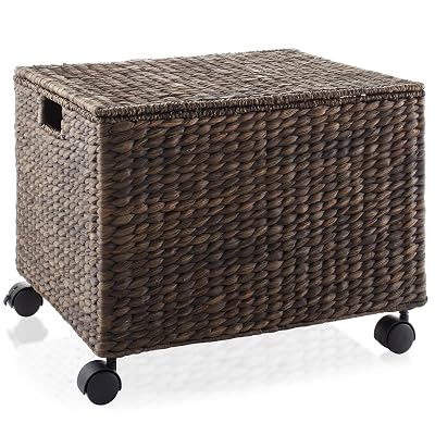 Casafield Rolling Filing Cabinet, Espresso Dark Brown - Water Hyacinth File Organizer with Lid and Wheels, Home Office Storage for Hanging Folders