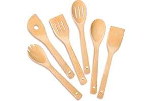IOOLEEM Bamboo Wooden Spoons for Cooking 6 Pcs 12Inch,Non-Stick Wooden Kitchen Utensils Set,Natural and Durable Wooden Spatula Spoons for Non-Stick Pan for Cooking