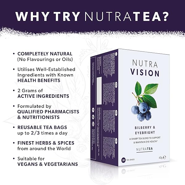 NUTRAVISION – EYE HEALTH TEA – INCLUDES BILBERRY & EYEBRIGHT – FOR GENERAL AND AGE-RELATED EYE HEALTH – 20 ENVELOPED TEA BAGS – BY NUTRA TEA – HERBAL TEA