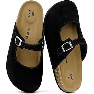 Modatope Women Mary Jane Clogs Faux Suede Cork Footbed Mule | Closed Toe Flat with Adjustable Buckle Arch Support Memory Foam