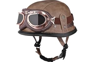 Yesmotor Motorcycle Half Helmet Retro German Handmade Leather Half Face Quick Release Buckle & Goggles - DOT Approved (Light Brown, L)