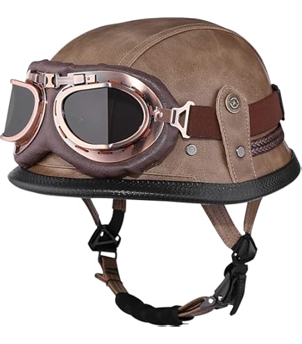 German Style Leather Motorcycle Half Helmet for Adults Men Women, DOT Approved Vintage Cap Half Face Shell Motorcycle Helmets for Cruiser Chopper+Goggles(Brown,‎Large) : Automotive