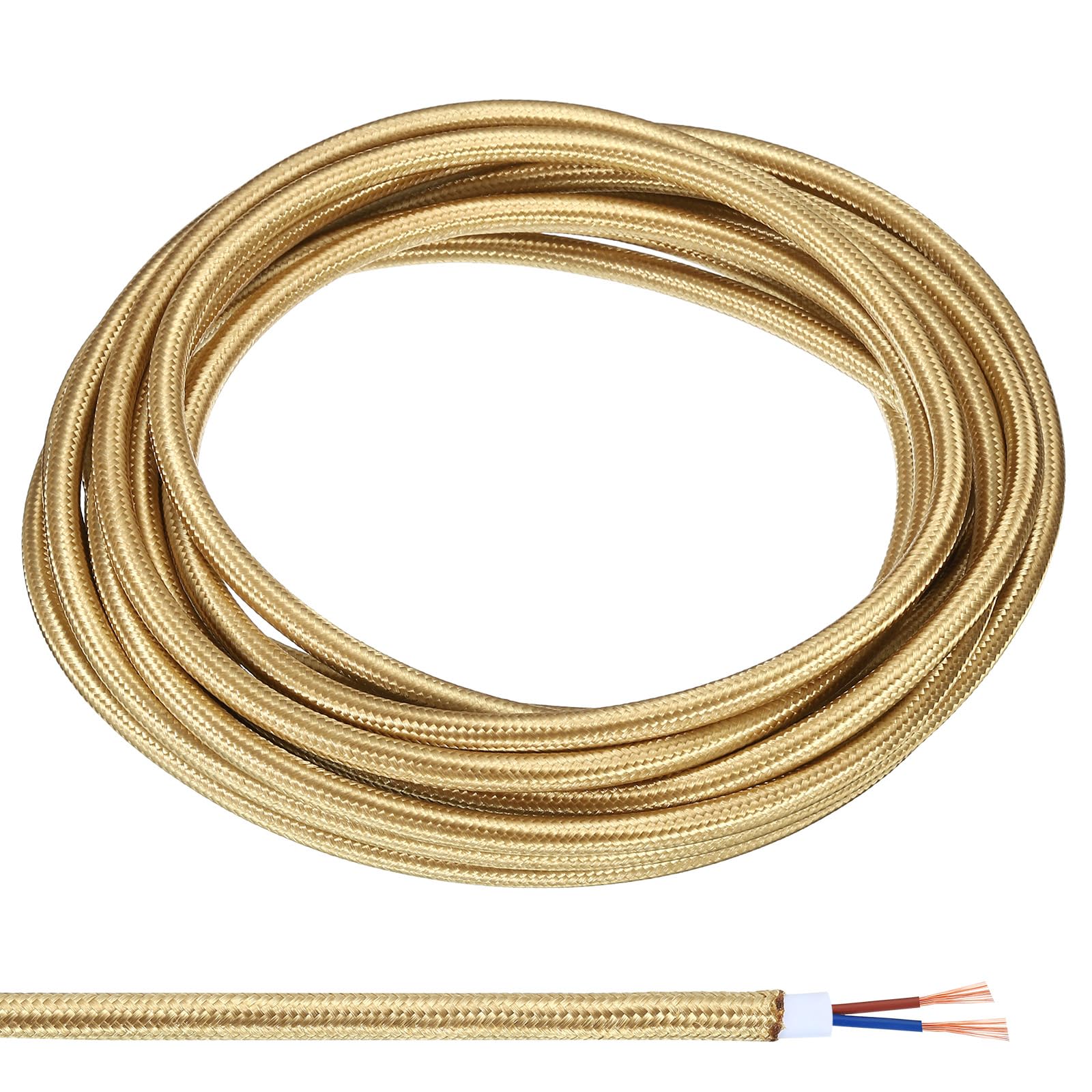 PATIKIL Fabric Cloth Covered Round Wire, 16.4ft 18AWG 2 Core Vintage Woven Electrical Cord for Pendant Light DIY Project, Light Golden
