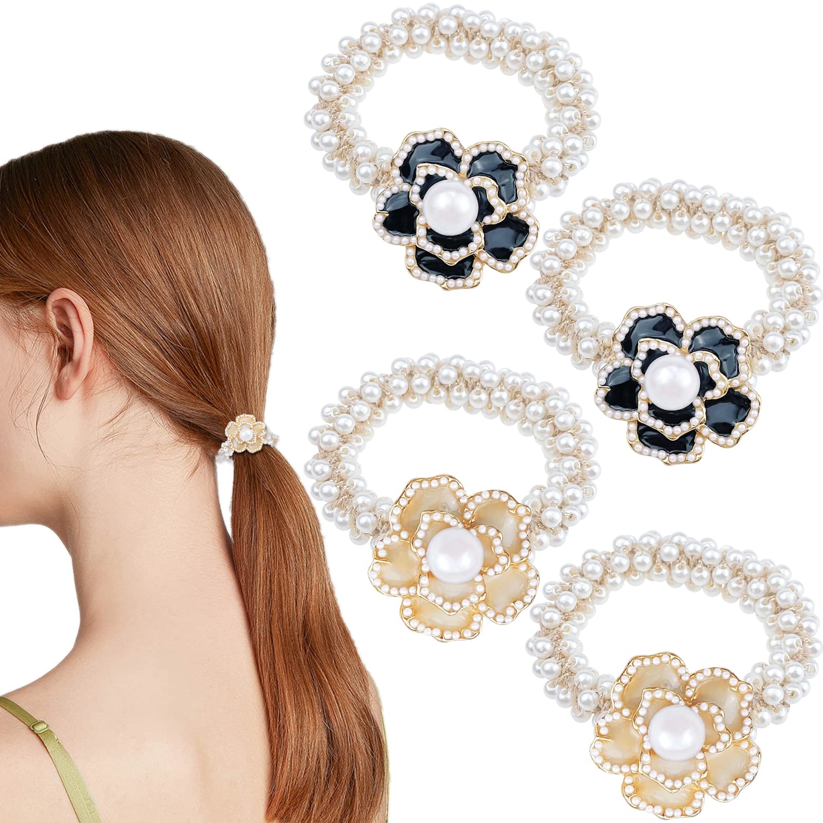 4 Pcs Camellia Pearl Elastic Hair Ties Ponytail Holders Rubber Band Hair Ropes Headbands Hair Accessories Scrunchie Ropes for Women Girls
