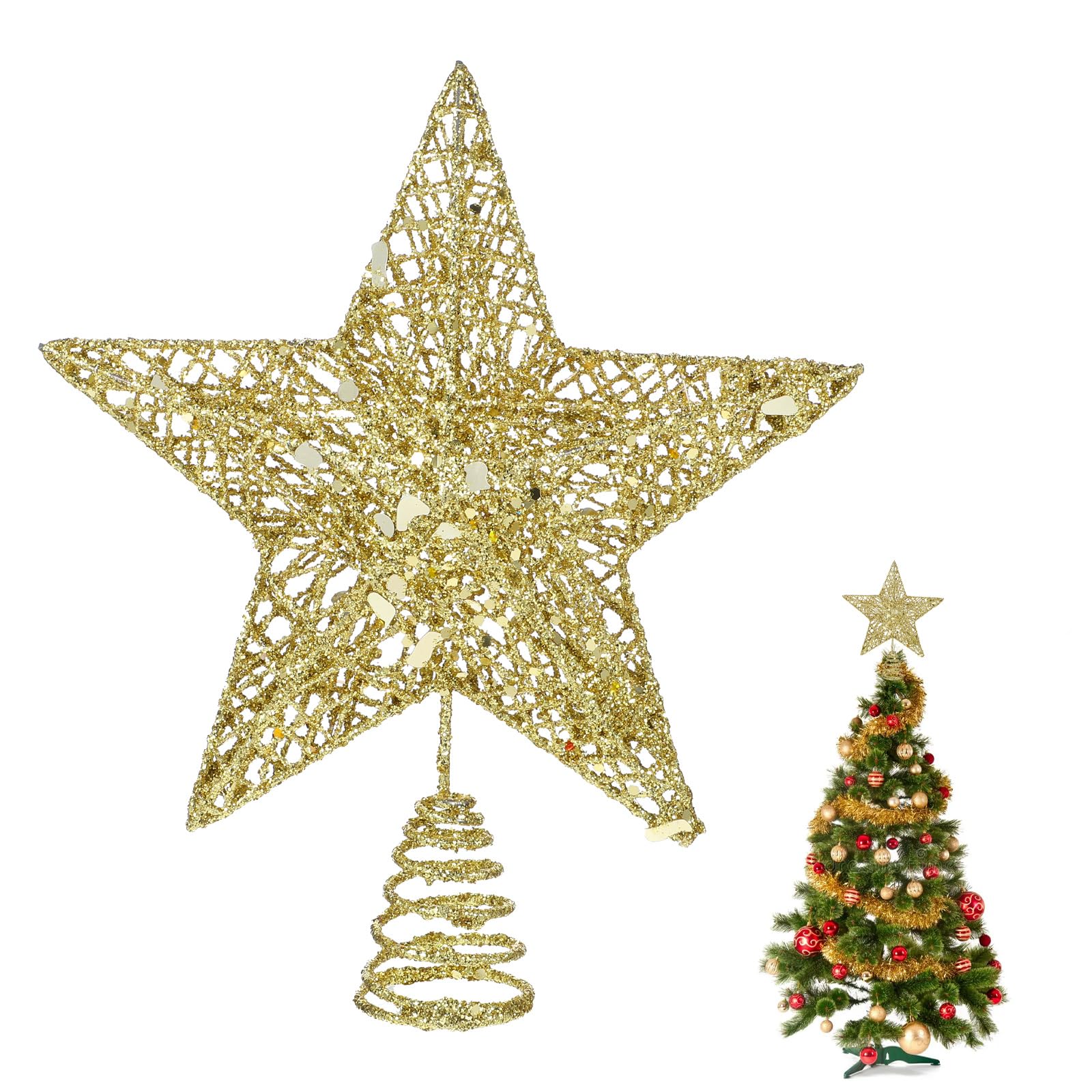 COMNICO Christmas Tree Topper Glittering Gold Hollow Small Star Mini Christmas Tree Decoration 5 Point Star Xmas Treetop Ornaments (15cm/5.9inches)