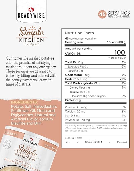 READYWISE SIMPLE KITCHEN HOMESTYLE MASHED POTATOES, 45 SERVINGS – GLUTEN-FREE FREEZE-DRIED MRE FOR EMERGENCY FOOD SUPPLY, LONG-TERM STORAGE, CAMPING, SURVIVAL, AND DISASTER PREPAREDNESS, #10 CAN