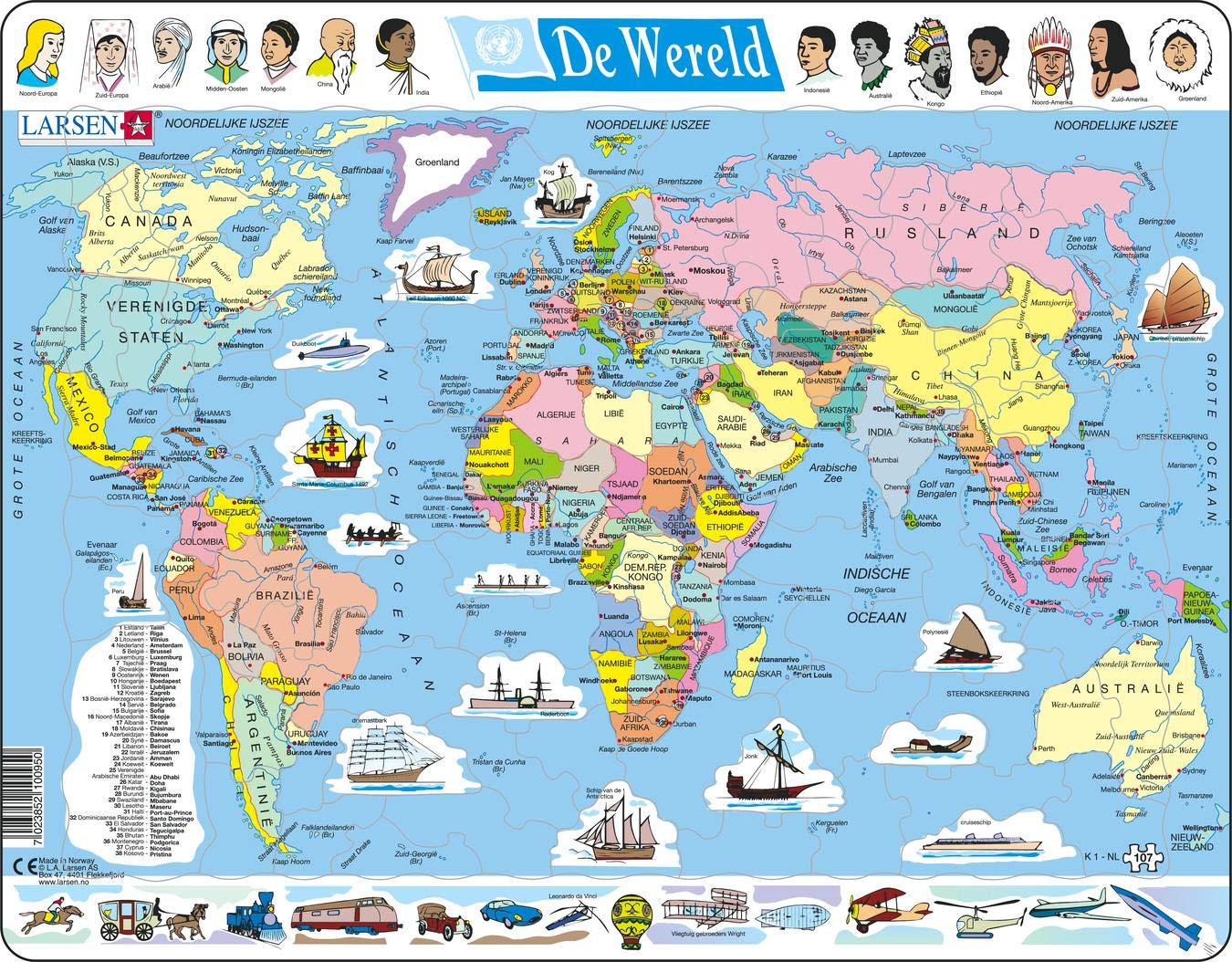 Larsen K1 The World - Political Map, Dutch Edition, 107 Piece Boxless Tray & Frame Jigsaw Puzzle — image 1