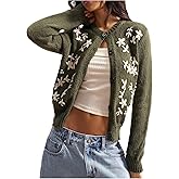 OYOANGLE Women's 3D Floral Button Down Cardigan Sweater Long Sleeve Crew Neck Knitted Sweaters