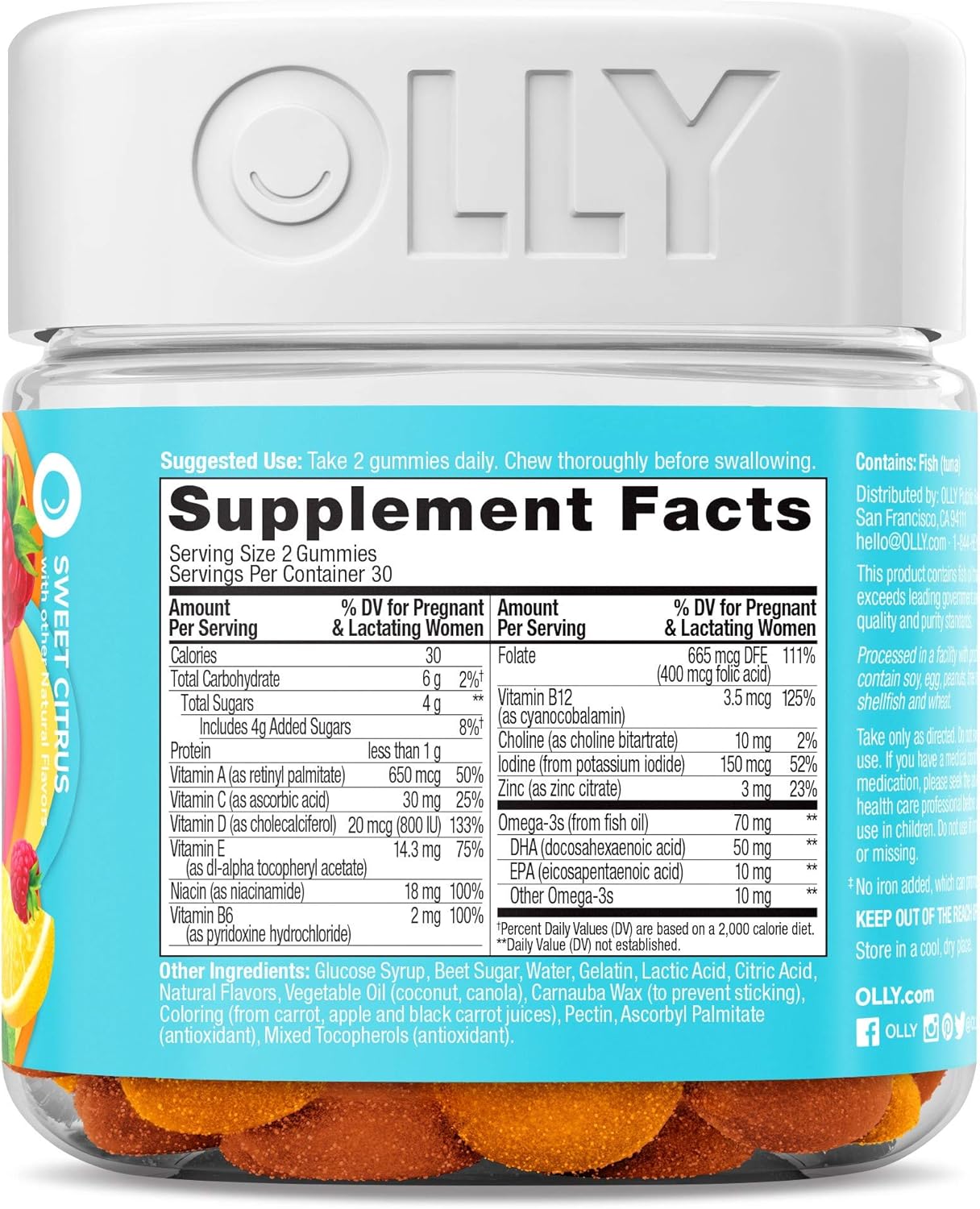 OLLY The Essential Prenatal Gummy Multivitamin, 30 Day Supply (60 Gummies), Sweet Citrus, Folic Acid, Vitamin D, and Omega 3 DHA Chewable Supplement: Health & Personal Care