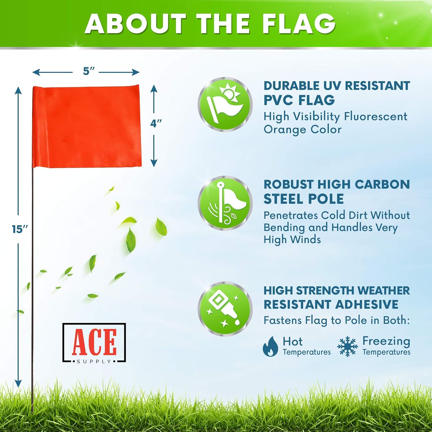 ACE Supply Marking Flags - 4 x 5-Inch Flag on 15-Inch Steel Wire - Fluorescent Orange, 100-Pack - Markers for Lawn Sprinklers, Irrigation, Property Line, Yard & Garden, Survey Stakes, Invisible Fence: Clothing