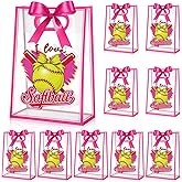 Aliceset 12 Pcs Softball Clear Goodie Bag with Die Cut Handles and Ribbons Sport Theme Party Favor Bags for Softball Team Snack Wrapping Teamer Gifts Birthday Party Treats Supplies, 7x10x3.15 Inch