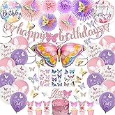 Butterfly Birthday Party Decorations Supplies, Pink & Purple Butterflies Birthday Decoration Include Paper Fans Foil Balloon Happy Butterflies Banners Tattoo Wall Sticker Cake Toppern